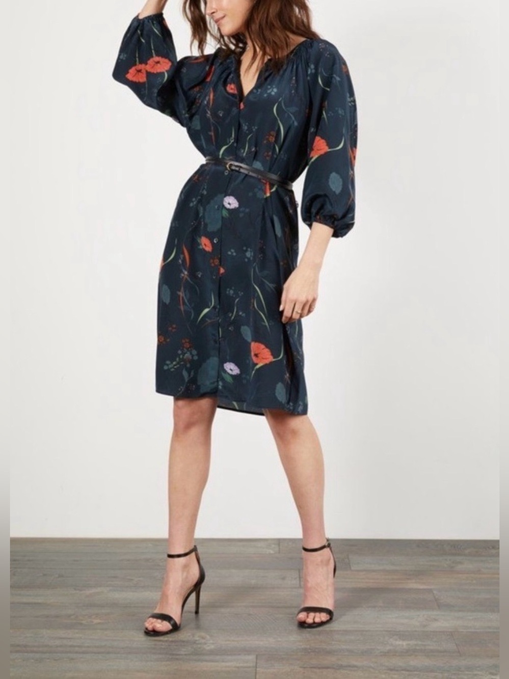 NWOT Tucker Silk Classic Dress, Midnight Floral in Crepe de Chine, Women’s Large